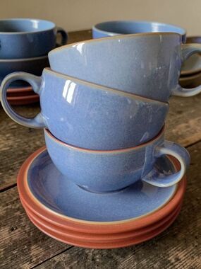 Denby Teacup Juice Mug Set Of 3 + 3 Saucer Plates England Cottage Classic Blue